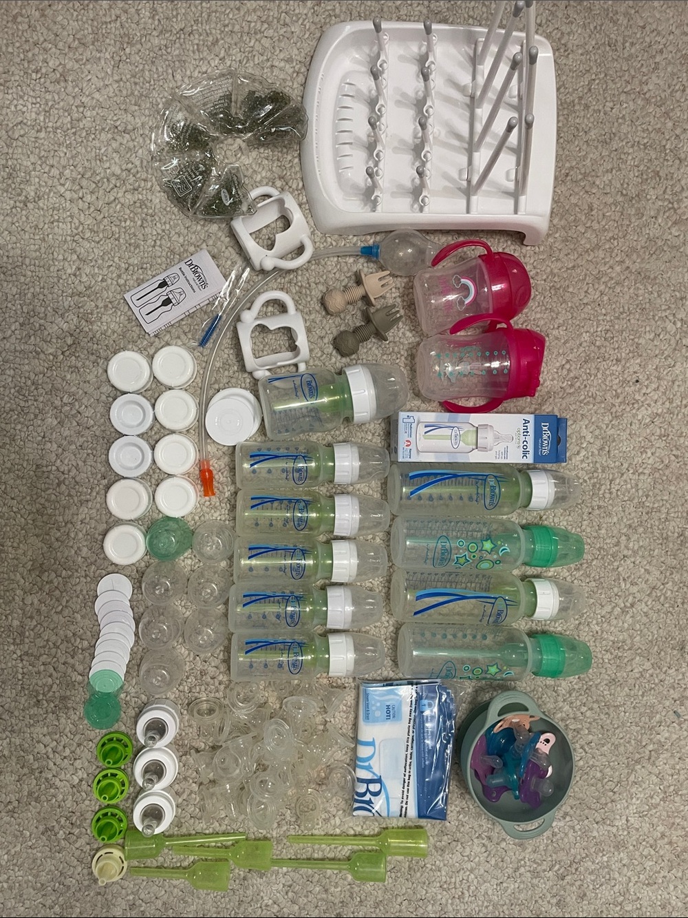 Huge lot of Dr. Brown's baby bottle sets with many accessories - Green & Clear